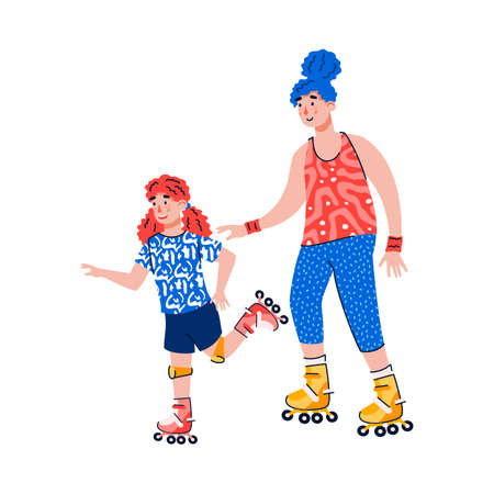 Cartoon girl and mother rollerblading - isolated family activity