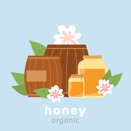 Banner or card template for organic apiary honey, flat vector illustration.のイラスト素材