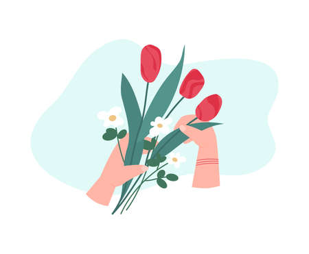 Human hands arranging bouquet of flowers, flat vector illustration isolated.のイラスト素材