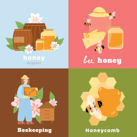 Square banners set for honey beekeeping products, cartoon vector illustration.のイラスト素材