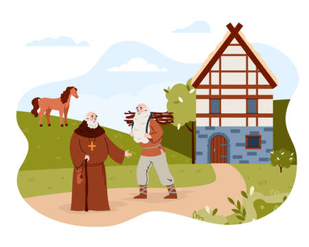 Medieval city or village with priest and peasant, vector illustration isolated.のイラスト素材