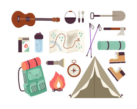 Set icons or symbols of tourism and camping, flat vector illustration isolated.のイラスト素材
