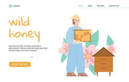 Beekeeper holding honeycomb near hive engage beekeeping a vector web banner.のイラスト素材