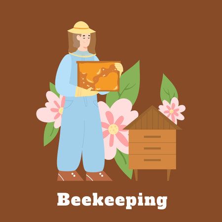 Beekeeping banner for web or bee products pack, flat vector illustration.のイラスト素材