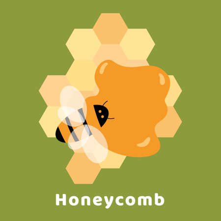 Poster with bee sitting in puddle of sweet honey on honeycombs in shape hexagon.のイラスト素材