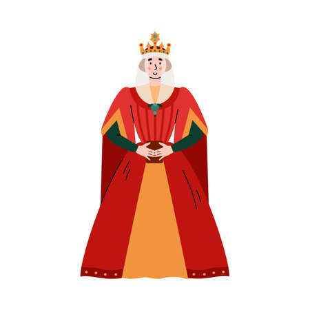 Medieval queen in red dress and golden royal crown a vector isolated illustrationのイラスト素材