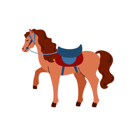 Harnessed horse cartoon character with saddle flat vector illustration isolated.のイラスト素材