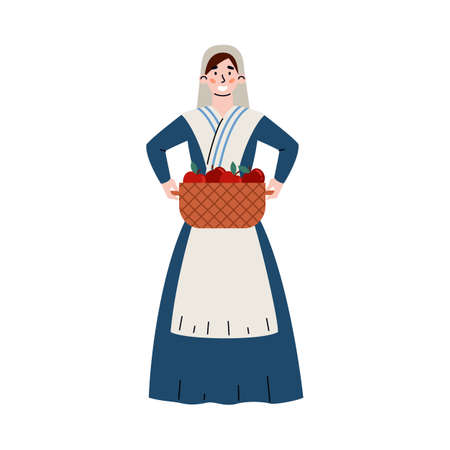 Peasant woman of middle ages period, flat vector illustration isolated.のイラスト素材