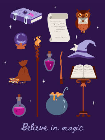Believe in magic card with witchcraft symbols flat vector illustration.のイラスト素材