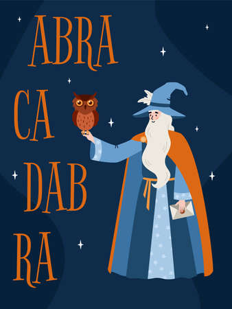 Banner with magician and magic abracadabra spell, flat vector illustration.のイラスト素材