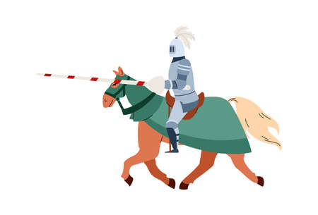 Medieval knight with lance riding on horse, flat vector illustration isolated.のイラスト素材