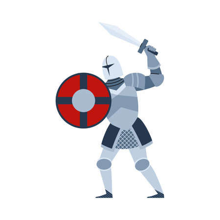 Medieval knight armed with sword and shield flat vector illustration isolated.のイラスト素材