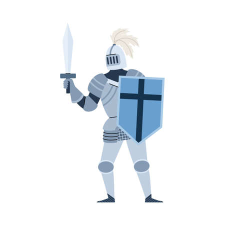 Medieval knight in armour and helmet flat vector illustration isolated.のイラスト素材