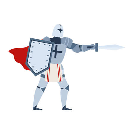 Medieval knight or cavalier in armor with sword, vector illustration isolated.のイラスト素材