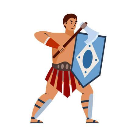Greek or roman gladiator or legionary with axe flat vector illustration isolated.のイラスト素材