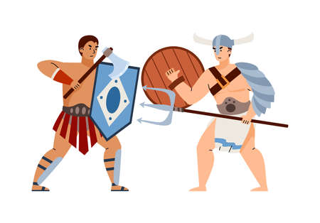Greek or Roman gladiators or legionaries, flat vector illustration isolated.のイラスト素材