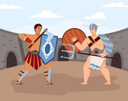 Armed ancient roman gladiators or legionary in fight on arena of colosseum.のイラスト素材