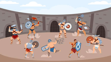Ancient roman retiarius gladiators or legionnaires in fight on arena of colosseumのイラスト素材