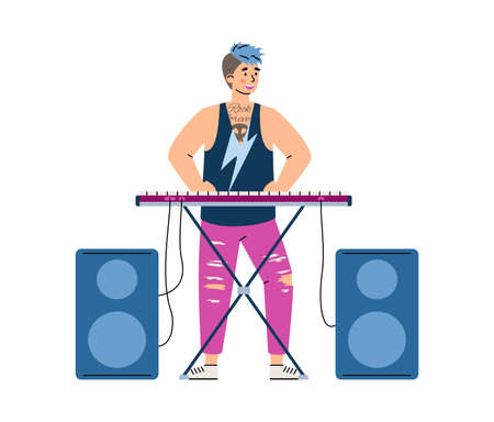Rock musician playing on synthesizer, flat vector illustration isolated.のイラスト素材