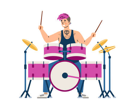 Drummer of rock band playing music on drums, flat vector illustration isolated.のイラスト素材