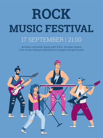 Rock music festival poster with rock band, cartoon vector illustration.のイラスト素材