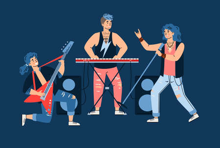 Characters of rock band musicians perform on stage, cartoon vector illustration.のイラスト素材