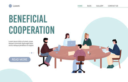 Beneficial cooperation website banner mockup flat cartoon vector illustration.のイラスト素材