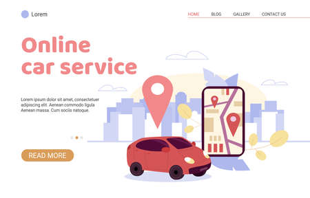Online car service concept of website page, flat cartoon vector illustration.のイラスト素材