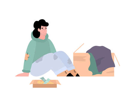 Homeless poor man with box for alms, flat cartoon vector illustration isolated.のイラスト素材