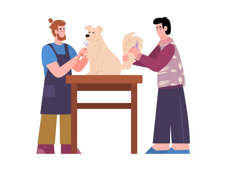 Groomers care to pet dog in grooming animal salon a vector illustration.のイラスト素材
