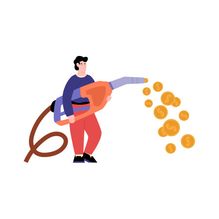 Man with car gas nozzle spraying out golden coins, flat vector isolated.のイラスト素材