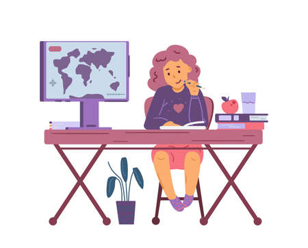Teen girl sitting behind computer and studying flat vector illustration isolated.のイラスト素材
