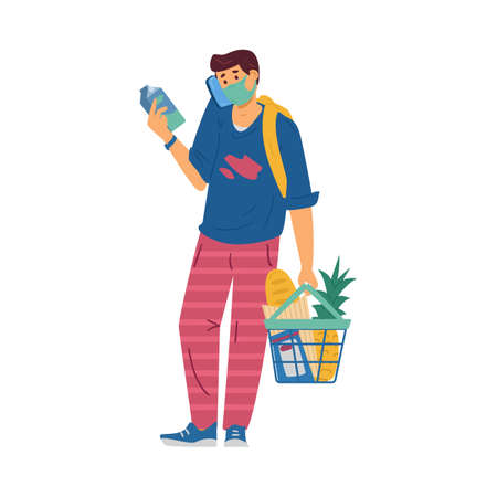 Man wearing medical mask in supermarket, flat vector illustration isolated.のイラスト素材