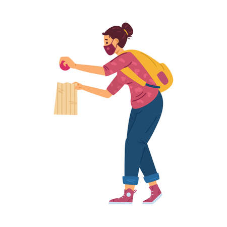 Woman in medical mask shopping in supermarket flat vector illustration isolated.のイラスト素材