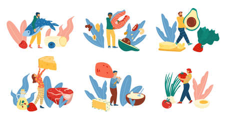 Set of male and female characters who follow a keto diet with healthy food.のイラスト素材