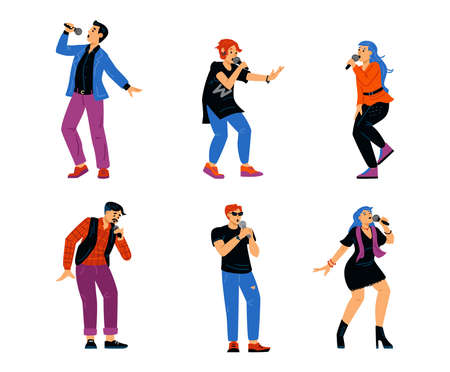 Performance singing people with microphone - karaoke songs or music show.のイラスト素材