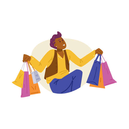 Happy man buyer or shopaholic dancing with shopping bags in hands.のイラスト素材