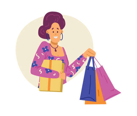 Happy shopper with shopping bags in hands, flat vector illustration isolated.のイラスト素材
