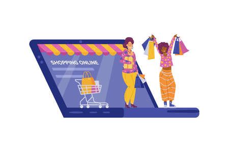 Online shopping concept with happy buyers, flat vector illustration isolated.のイラスト素材