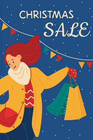 Female shopper enjoying christmas sales and discounts in shops a vector posterのイラスト素材