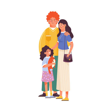 Cheerful family couple with daughter, flat vector illustration isolated.のイラスト素材