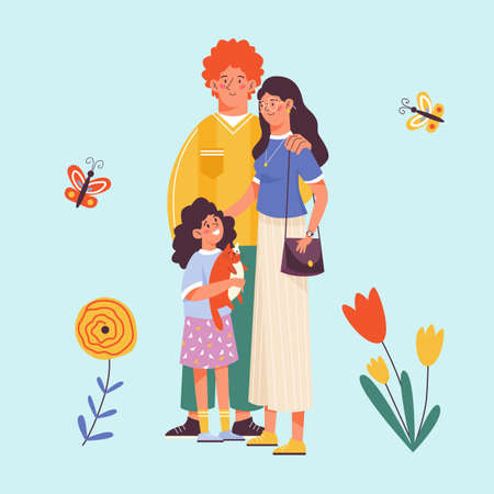 Card backdrop with smiling family couple and child, flat vector illustration.のイラスト素材