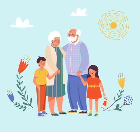 Hugging smiling grandparents with grandchildren, flat vector illustration.のイラスト素材