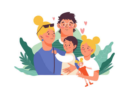 Happy family at backdrop of green leaves, flat vector illustration isolated.