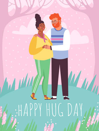 Vector design poster for happy hug day with young family waiting baby.のイラスト素材