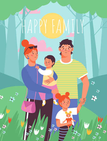 Happy family banner with parents and children vector cartoon illustration.のイラスト素材