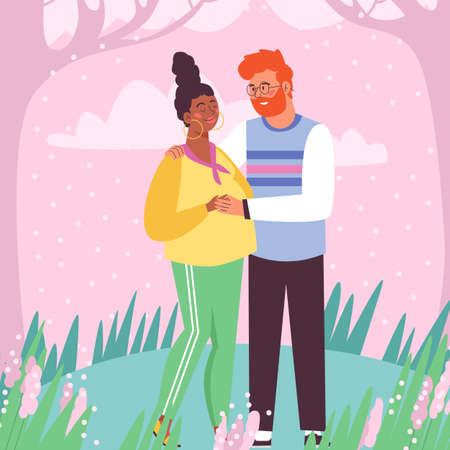 Happy young family future parents together waiting baby hug and love each other.のイラスト素材