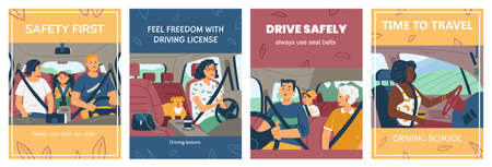 Set of banners or posters with people inside car, flat vector illustration.のイラスト素材