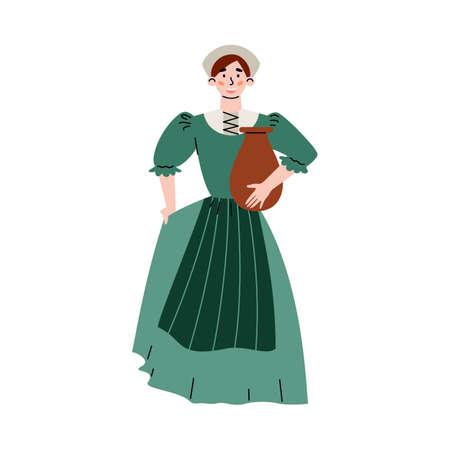 Medieval peasant or city woman flat vector illustration isolated on white.のイラスト素材