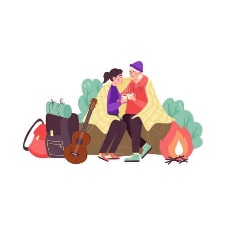 Young couple man and woman together sitting near bonfire camping outdoor nature.のイラスト素材